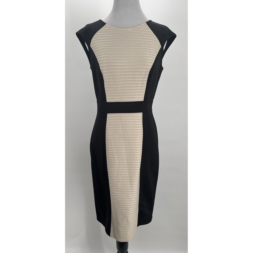 London Style Collection Sheath Dress Size 4 Black Cream Colorblock Career Midi